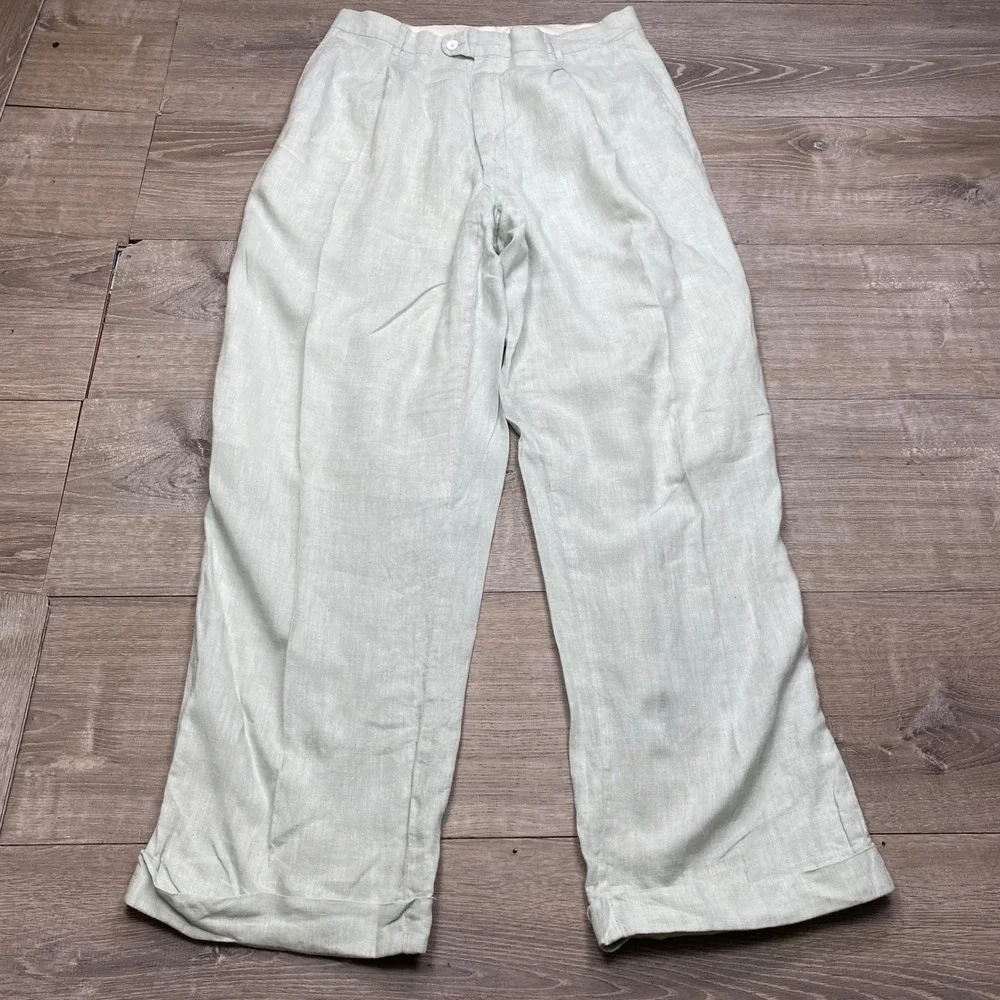 Inserch Dress Pants Mens 38x32 Green 100% Linen Pleated Cuffed Summer Beach